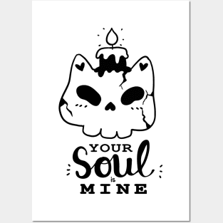 cute skull cat with candle black and white doodle Halloween your soul is mine Posters and Art